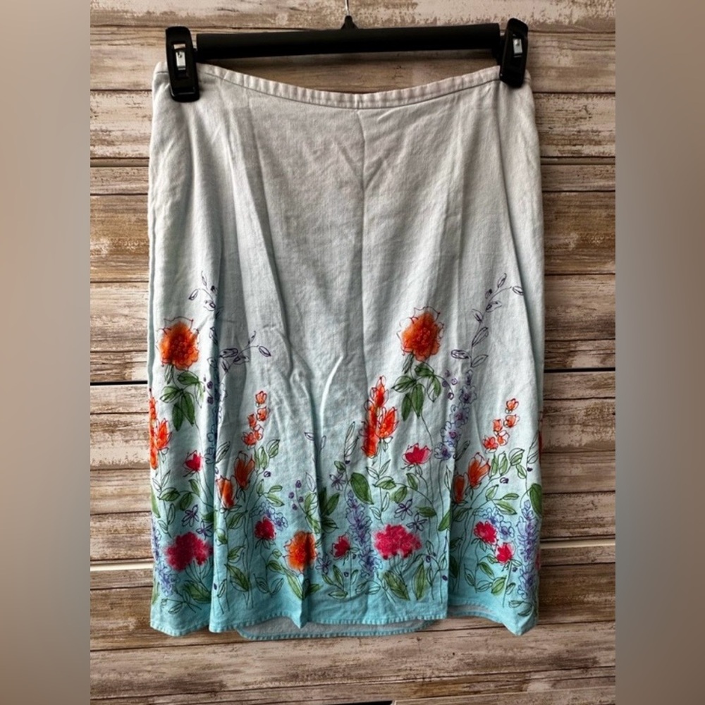 🌸 Crazy Horse Petite 10 Floral Linen Blend Skirt Embroidered Beaded 🌿